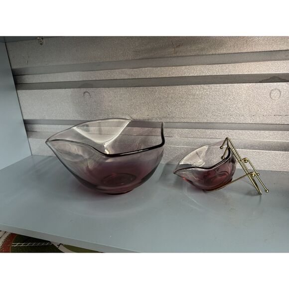 Vintage Indiana Glass Cranberry Chip & Dip Bowl Set w/ Metal Bracket Mid Century - Picture 5 of 11